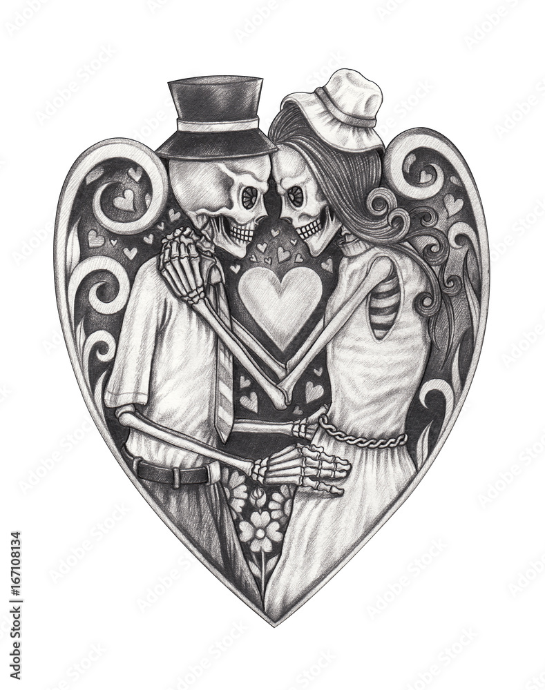 Art design in love skulls.Hand pencil drawing on paper. Stock ...