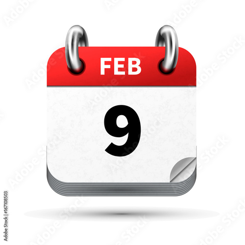 Bright realistic icon of calendar with 9 february date isolated on white