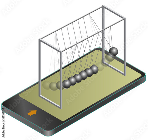 Vector Newton swing in mobile phone, in isometric perspective. Pendulum cradle metal bolls signals in communication technologies, paraphrase. Isolated on white background. Low poly master illustration