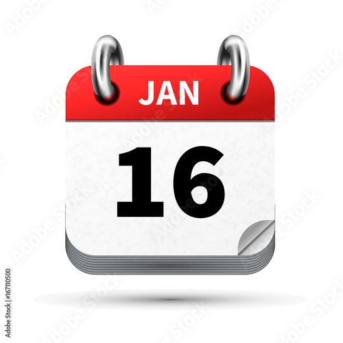 Bright realistic icon of calendar with 16 january date isolated on white