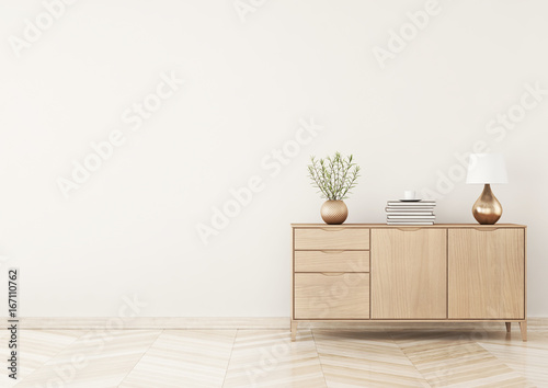 Living room interior with chest of drawers, plants and lamp on beige wall background. Empty space on left. 3D rendering. photo