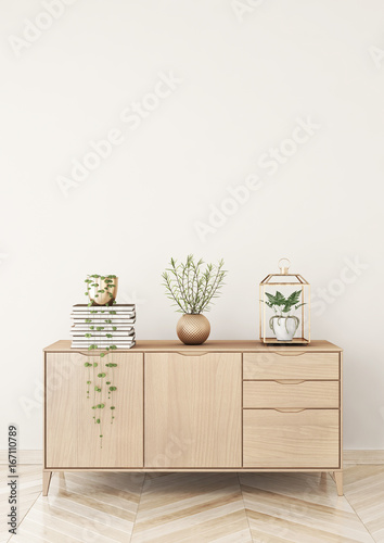 Living room interior with chest of drawers and plants on beige wall background. Empty space on top. 3D rendering.