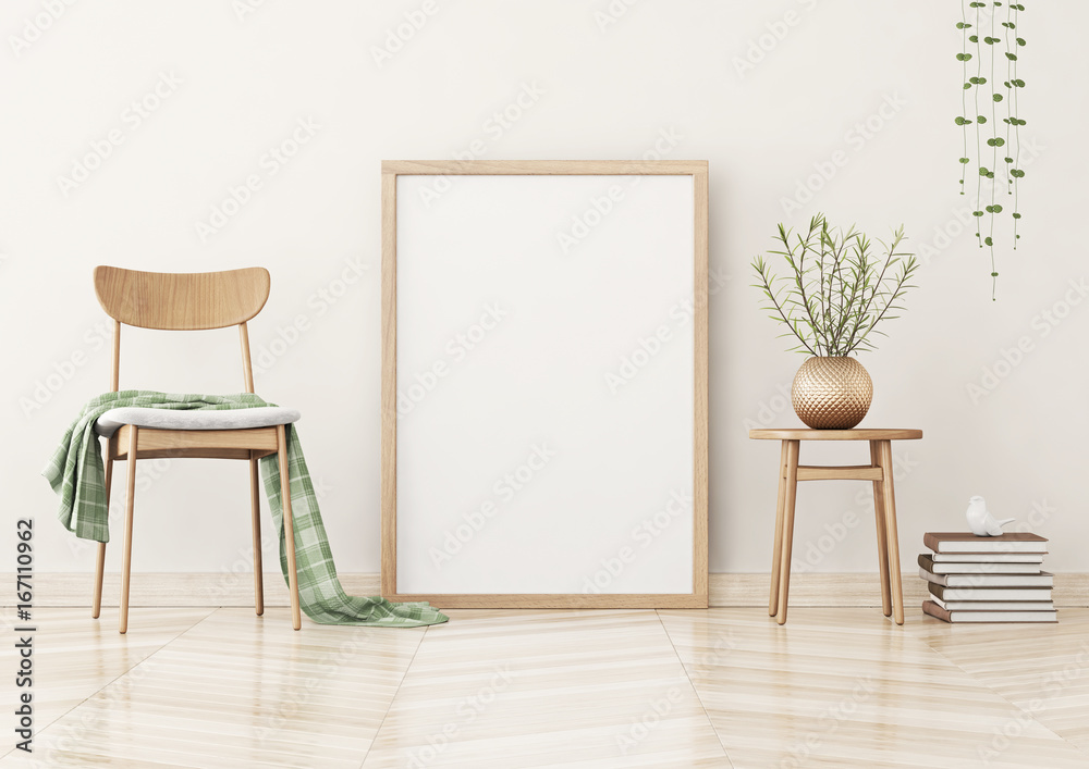 Vertical poster mock up with wooden frame on the wall in living room ...