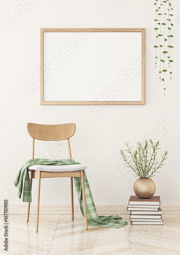 Fototapeta Naklejka Na Ścianę i Meble -  Horizontal poster mock up with wooden frame on the wall in living room interior. 3D rendering.