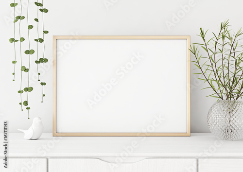 Interior poster mock up with horizontal metal frame and plants in vase on white wall background. 3D rendering.