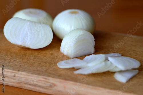 Sliced onion on cutting board