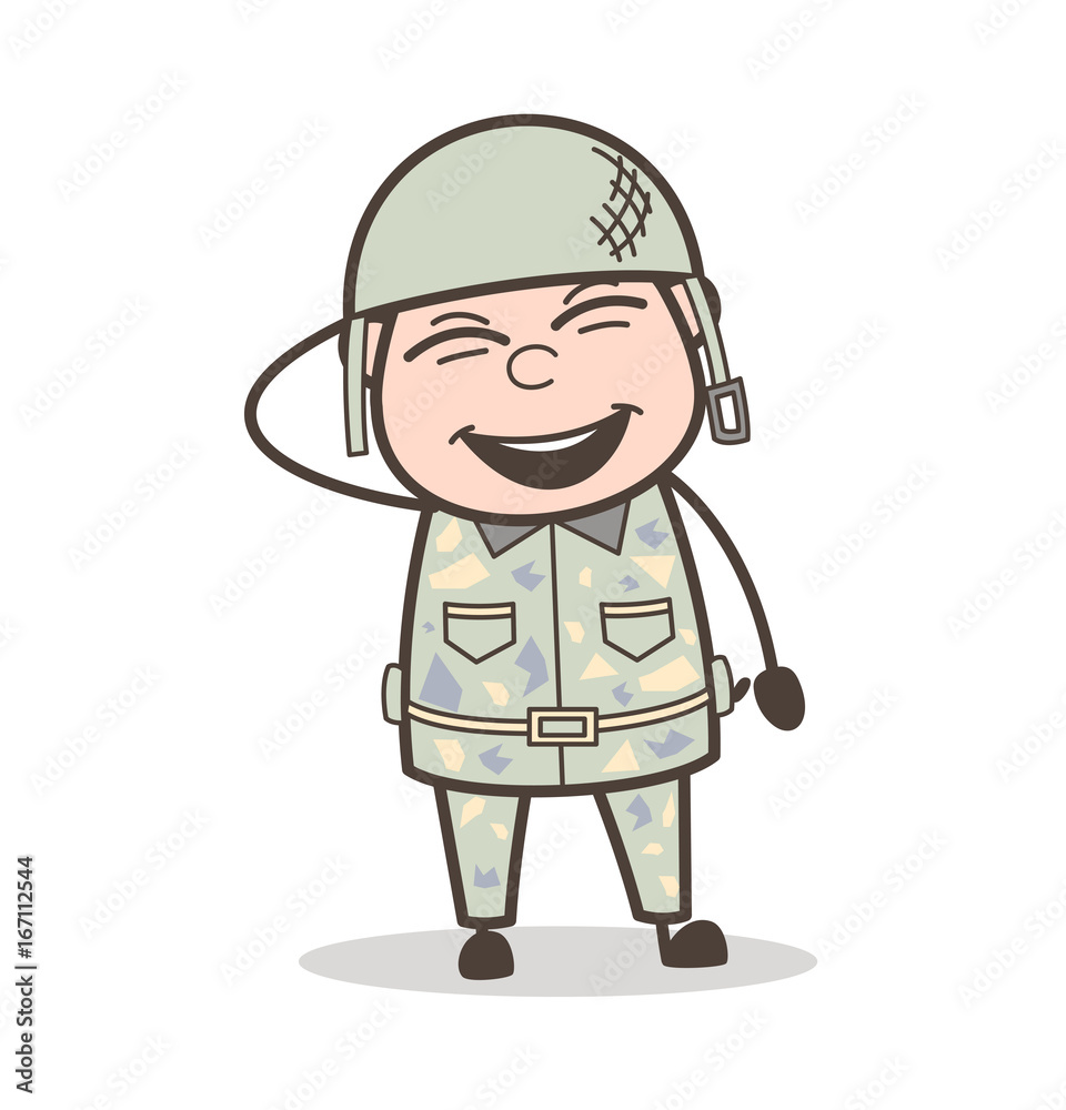 Cartoon Laughing Expression of Funny Army Man Vector Illustration