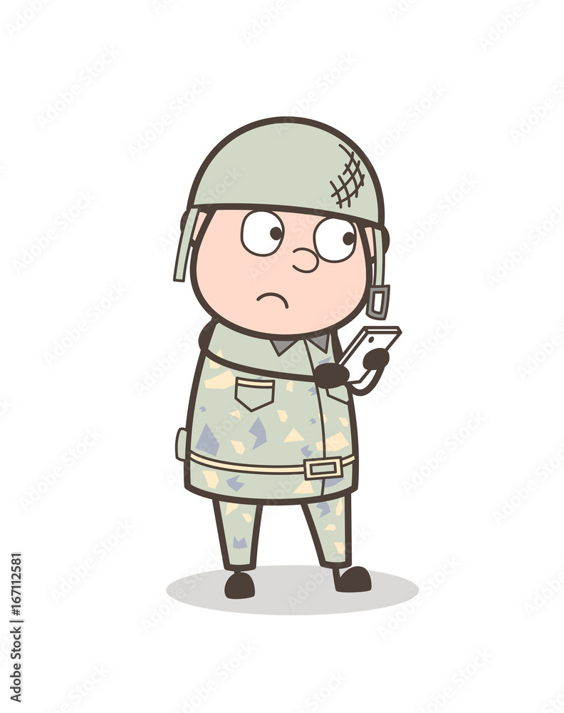 Cartoon Army Man Chatting on Mobile Vector Illustration
