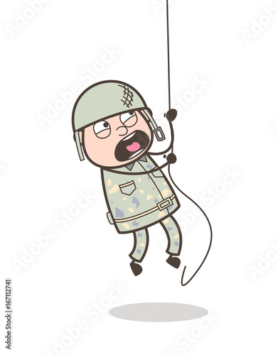 Cartoon Army Man Climbing Rope in Training Vector Illustration