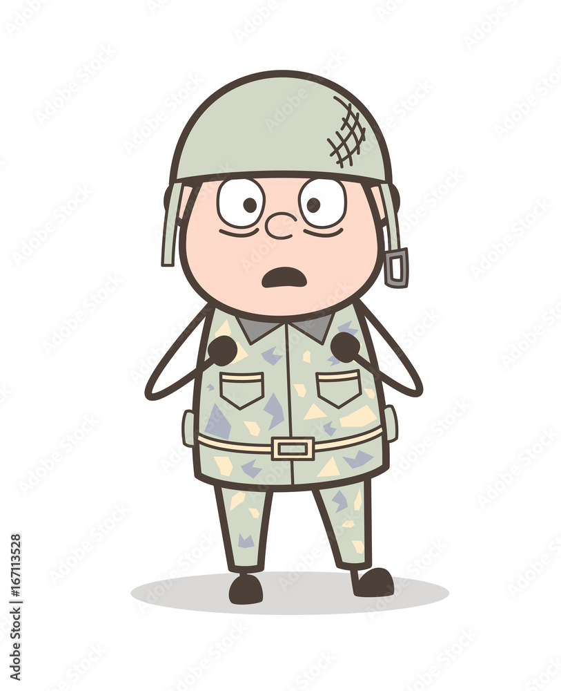 Cartoon Fearful Face Expression of Army Man Vector Illustration
