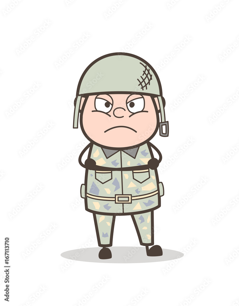 Cartoon Aggressive Army Man Face Expression Vector Illustration