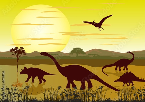 Dinosaurs walking silhouettes, prehistoric age landscape