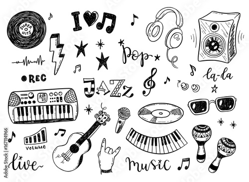 Fototapeta Ręcznie rysowane szkic zestaw gryzmoły kultury muzycznej, instrumenty, notatki, znaki i symbole
