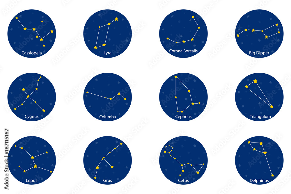 Fototapeta premium Constellations on blue round background, vector illustration