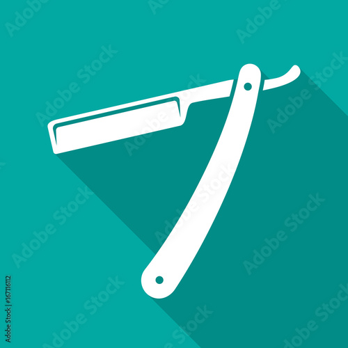 Straight razor icon with long shadow. Flat design style. Straight razor simple silhouette. Modern, minimalist icon in stylish colors. Web site page and mobile app design vector element.