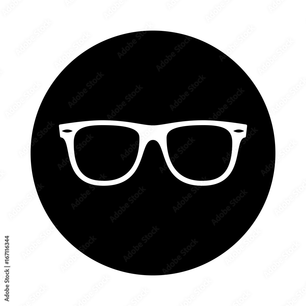 Sunglasses circle icon. Black, round, minimalist icon isolated on white background. Sunglasses simple silhouette. Web site page and mobile app design vector element.