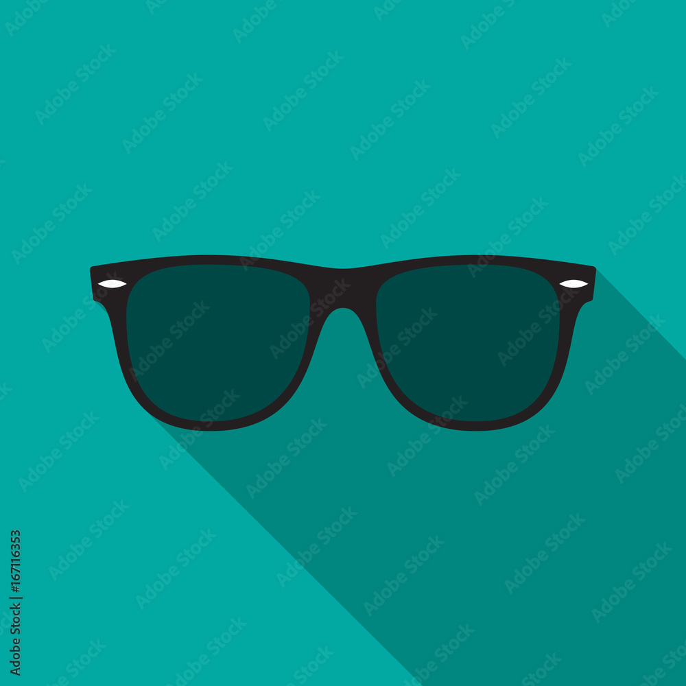 Sunglasses icon with long shadow. Flat design style. Sunglasses simple silhouette. Modern, minimalist icon in stylish colors. Web site page and mobile app design vector element.