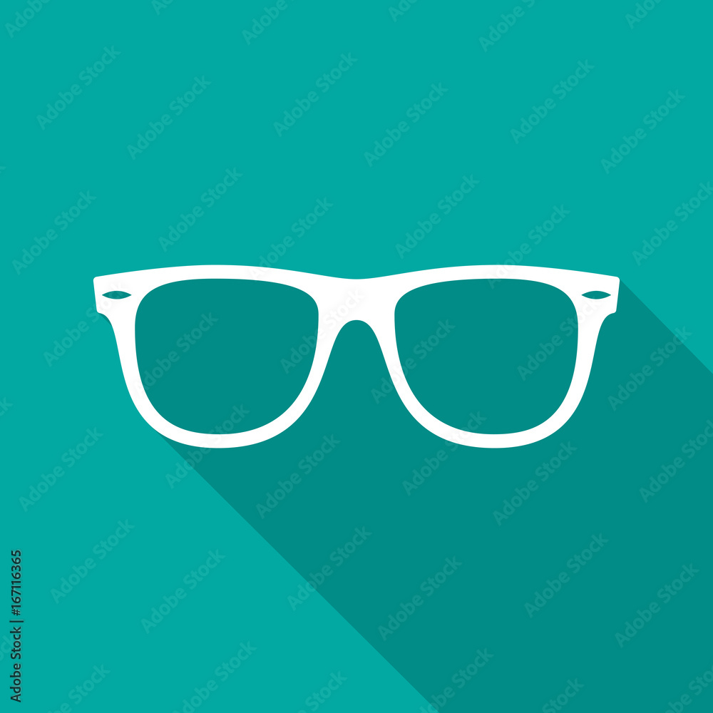 Sunglasses icon with long shadow. Flat design style. Sunglasses simple silhouette. Modern, minimalist icon in stylish colors. Web site page and mobile app design vector element.