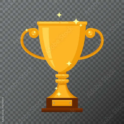 Vector golden cup icon isolated on background. Shiny prize with simple shape and flat design. Realistic glossy trophy used for a logo, website, certificate or diploma creations.