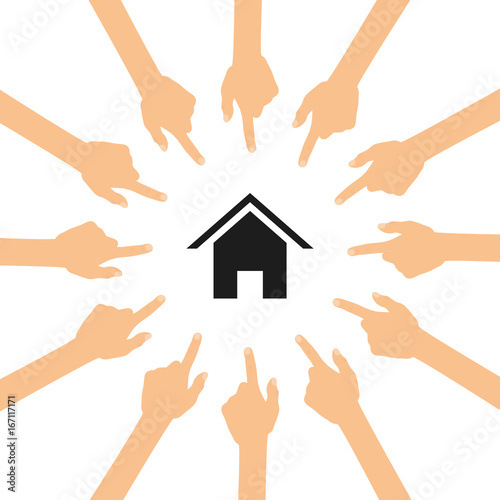 Viele Hände zeigen auf - Haus