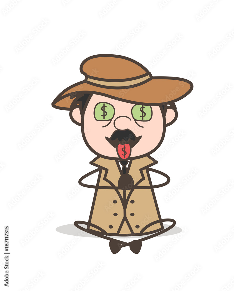 Cartoon Detective Greedy Expression for Money Vector Illustration