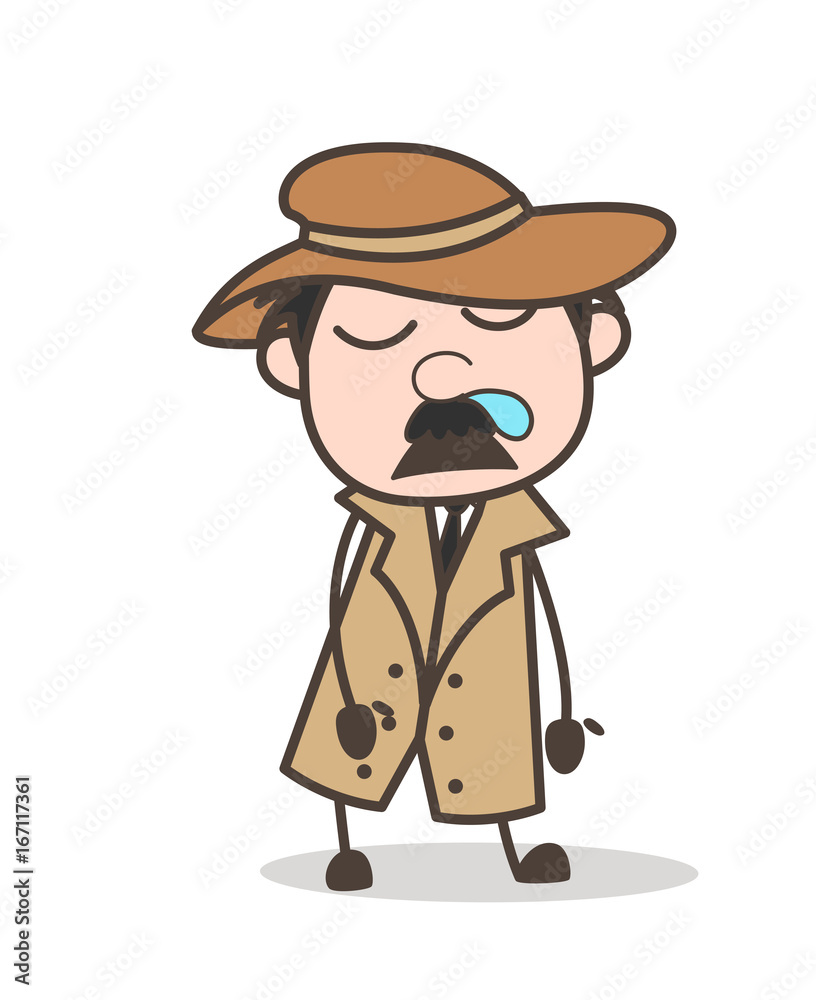 Cartoon Funny Detective Running Nose and Sleeping Face Vector Illustration