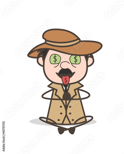 Cartoon Detective Greedy Expression for Money Vector Illustration