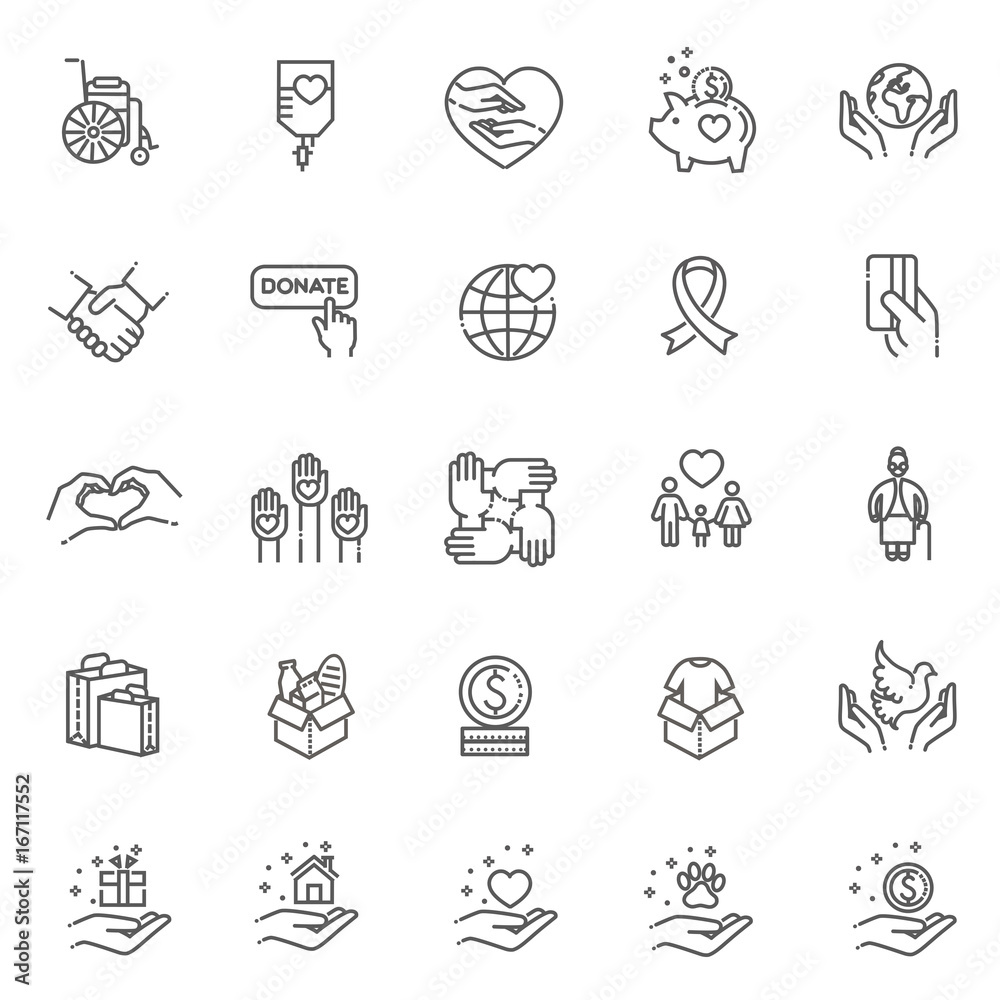 Charity - modern vector line design icons and pictograms set. Charity - modern vector line design icons and pictograms set.