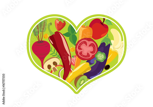 Vegetable heart vector. Fruit and vegetable icon. Vegan heart on white background