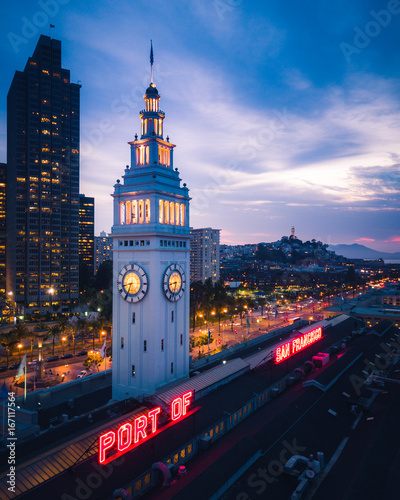 Aerial view of San Francisco Ferry Building at Night