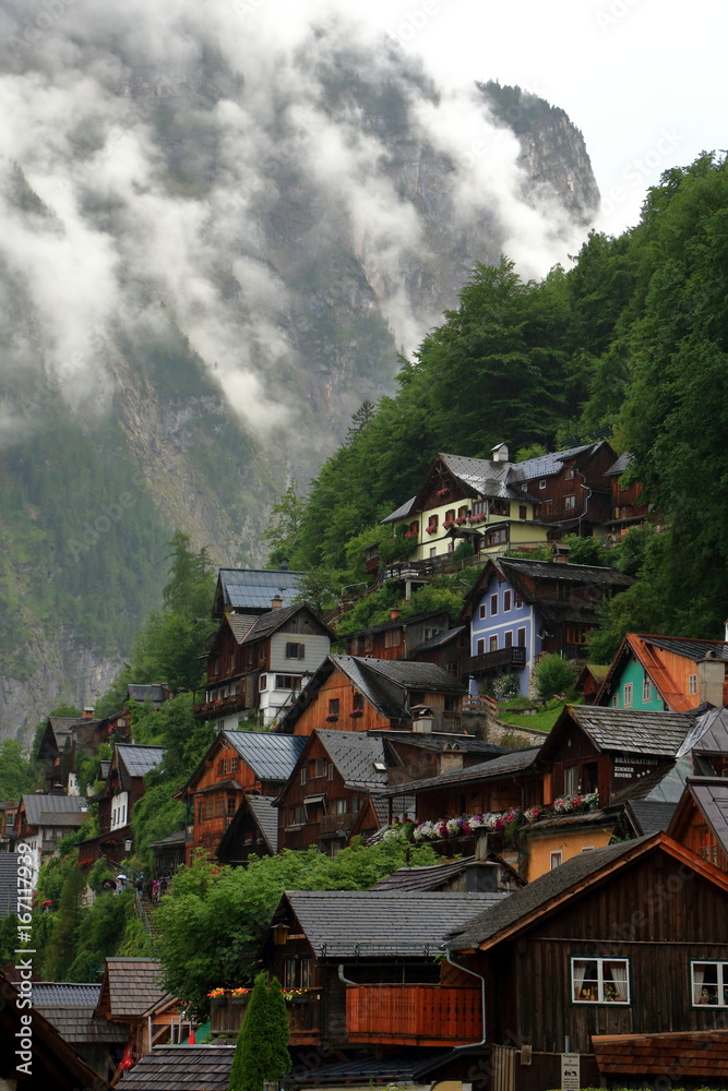 Alpine houses in Hallstatt decorated with flowers and plants