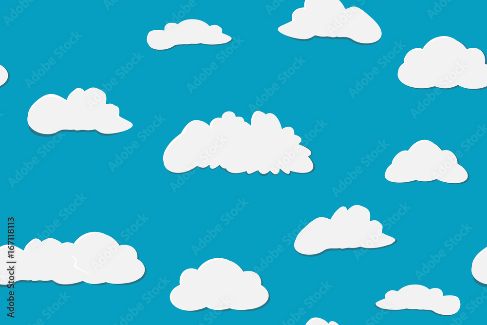 Paper art cutting imitation in vector. Seamless pattern with blue sky, clouds. Pretty background in childish style. Summer vacation and holidays, travel concept. Happy mood Paper art cutting imitation in vector. Seamless pattern with blue sky, clouds. Pretty background in childish style. Summer vacation and holidays, travel concept. Happy mood