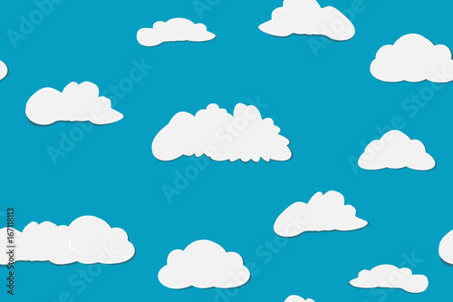 Paper art cutting imitation in vector. Seamless pattern with blue sky, clouds. Pretty background in childish style. Summer vacation and holidays, travel concept. Happy mood