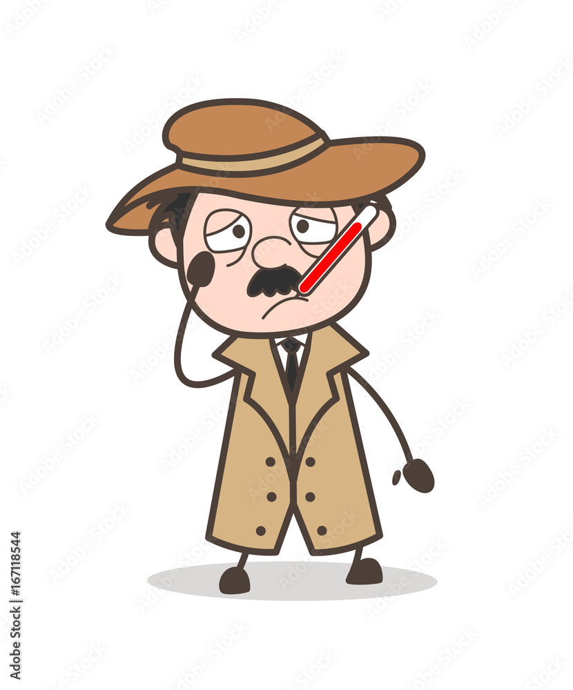 Cartoon Ill Detective with Fever Temperature in Mouth Vector Illustration