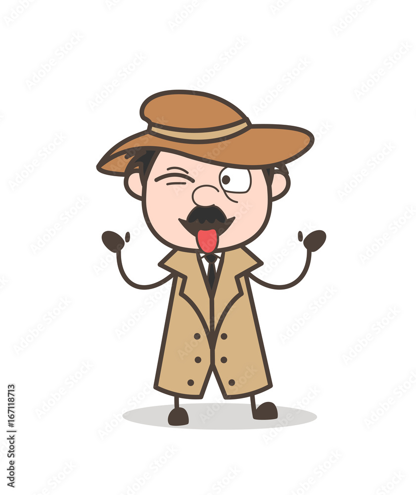 Cartoon Detective Face with Stuckout Tongue and Winking Eye Cartoon Detective Face with Stuckout Tongue and Winking Eye