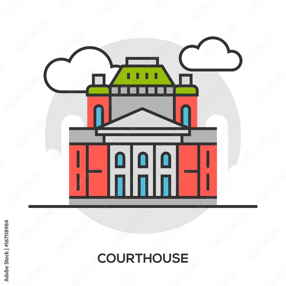 Court or tribunal, courthouse entrance exterior view. Building for justice and civil or common, administrative law, crime punishment and trials. Can be used for government or architecture theme