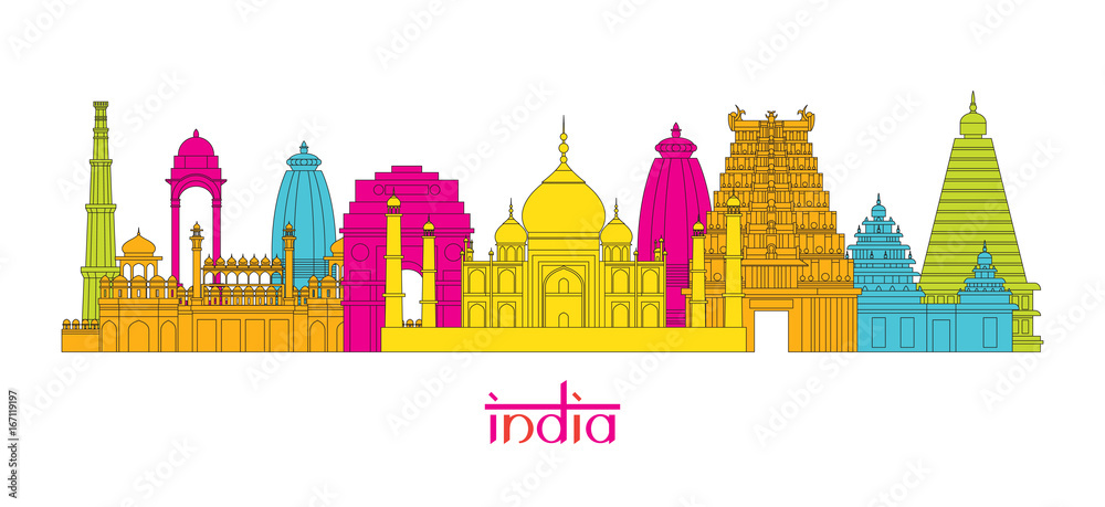 India Architecture Landmarks Skyline, Line Style