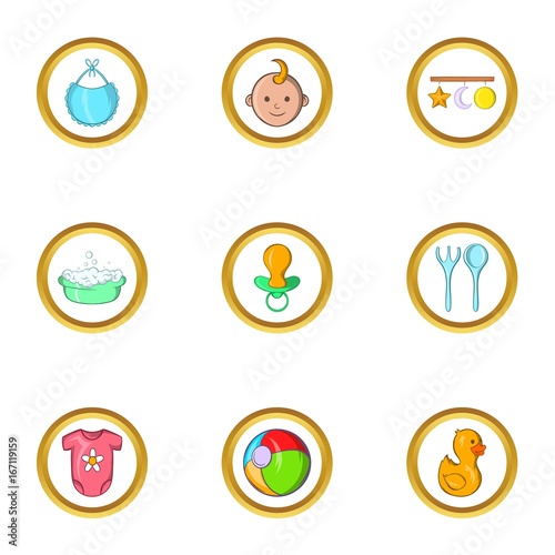 Baby life icon set, cartoon style