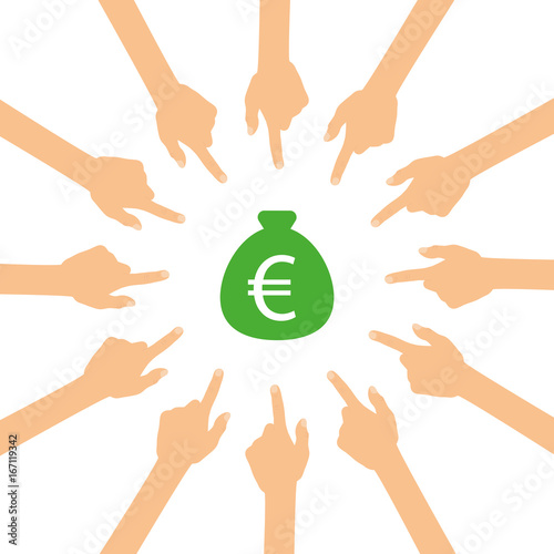 Viele Hände zeigen auf - Sack mit Geld - Euro