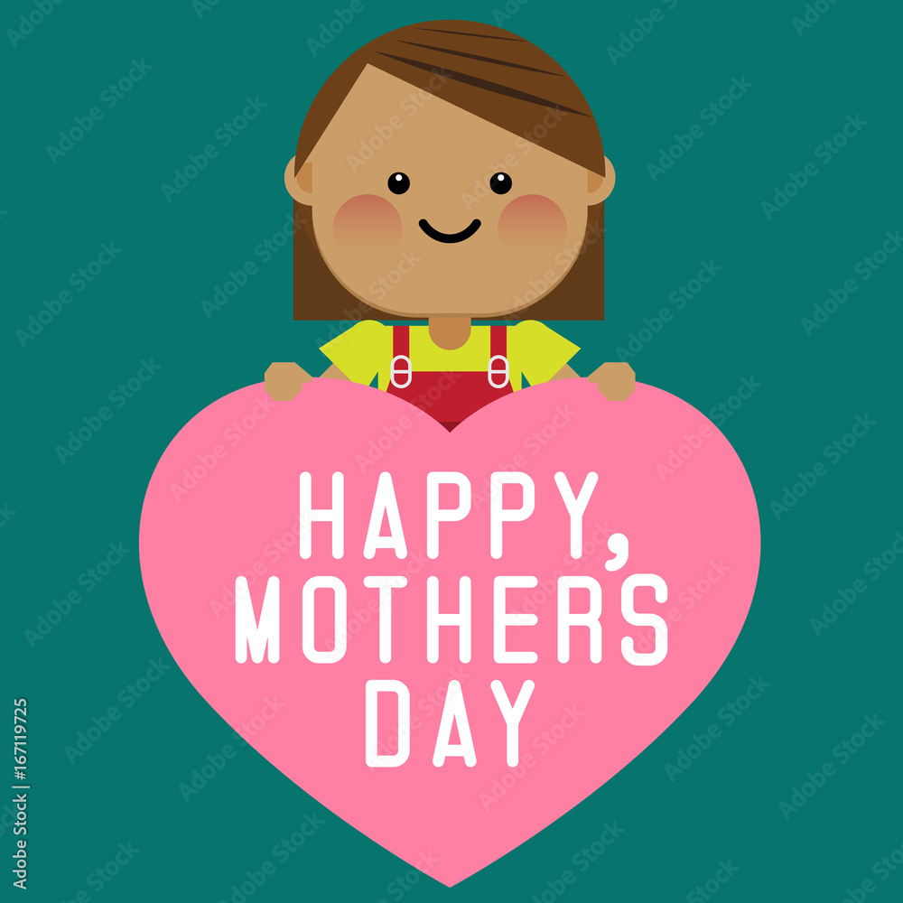 Happy smiling girl with pink heart. Happy mothers day card. Vector illustration Happy smiling girl with pink heart. Happy mothers day card. Vector illustration
