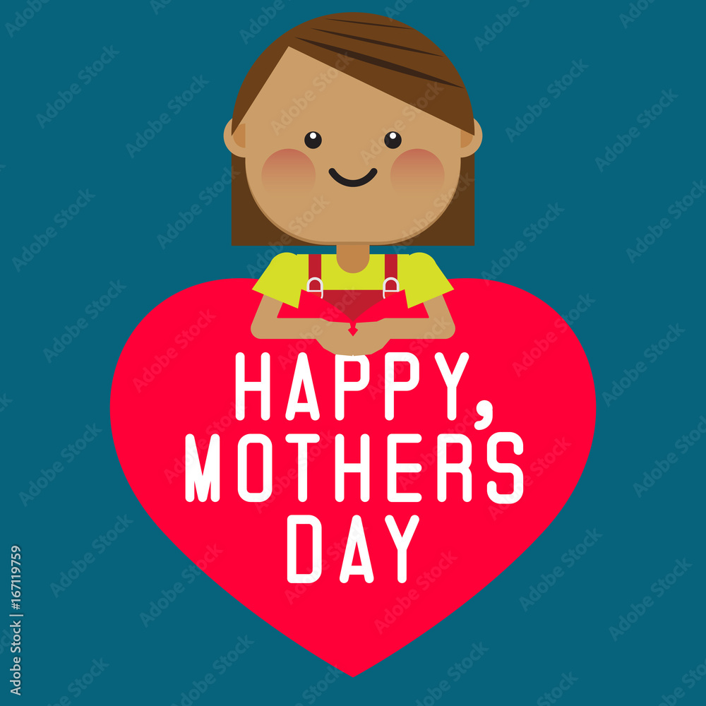 Happy smiling girl with pink heart. Happy mothers day card. Vector illustration Happy smiling girl with pink heart. Happy mothers day card. Vector illustration