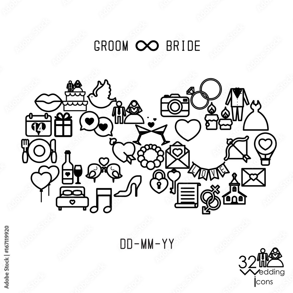 Love icons objects in infinity shape. Infinity love, forever symbol. Vector illustration Love icons objects in infinity shape. Infinity love, forever symbol. Vector illustration