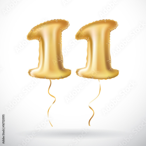 vector Golden number 11 balloon. Decoration for eleven years birthday, anniversary. made of inflatable balloon with golden ribbon isolated on white background