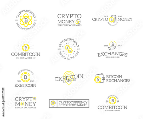Set of retro vintage bitcoin and cryptocurrency logos or insignias, emblems, labels and badges and other branding objects. Vector line style