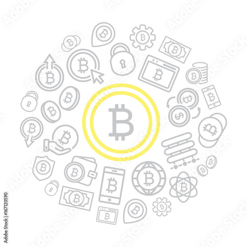 Set of vector bitcoin line icons set in shape of circle with bitcoin, money, cash, wallet, hand with coin, lock, phone and more. Editable Stroke.