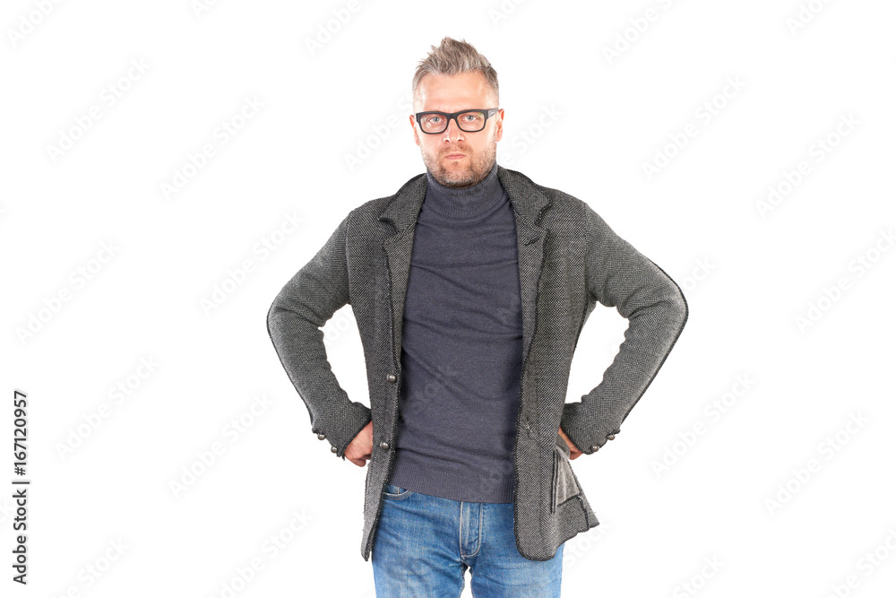 Fototapeta premium Studio portrait of middle aged man wearing casual clothing and eyeglasses