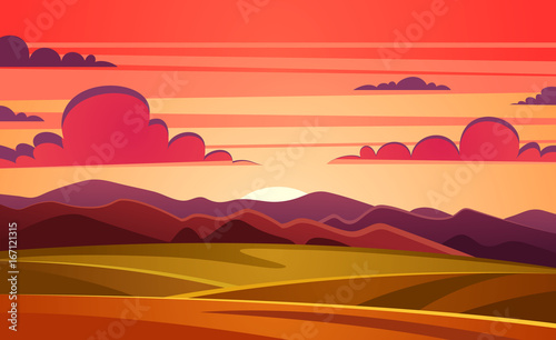 Sunset landscape. Vector illustration.