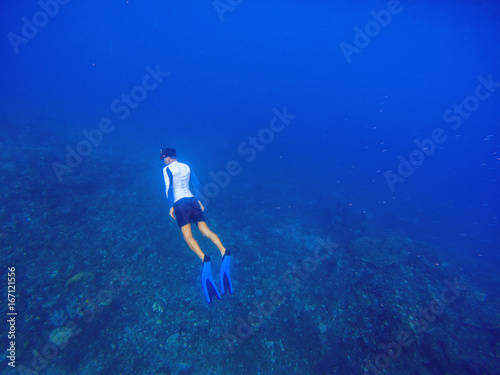 Freediver swims underwater in deep blue sea. Snorkeling man dives up to water surface. © Elya.Q