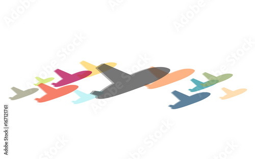 Viele bunte abhebende Flugzeuge
