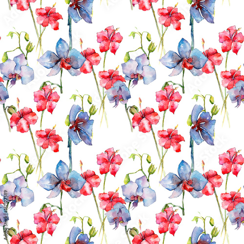 Wildflower orchid flower pattern in a watercolor style. Full name of the plant: orchid. Aquarelle wild flower for background, texture, wrapper pattern, frame or border. © yanushkov